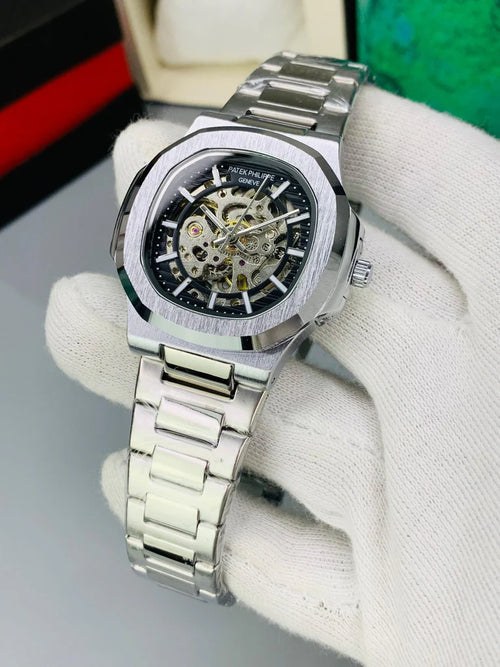 Silver Black Nautilus Style Automatic Watch