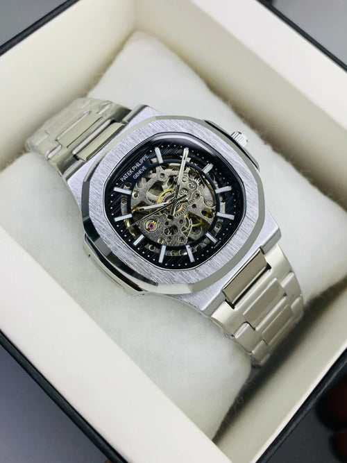 Silver Black Nautilus Style Automatic Watch