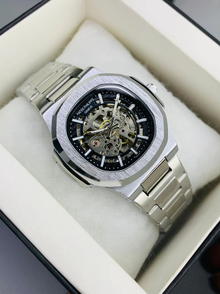 Silver Black Nautilus Style Automatic Watch