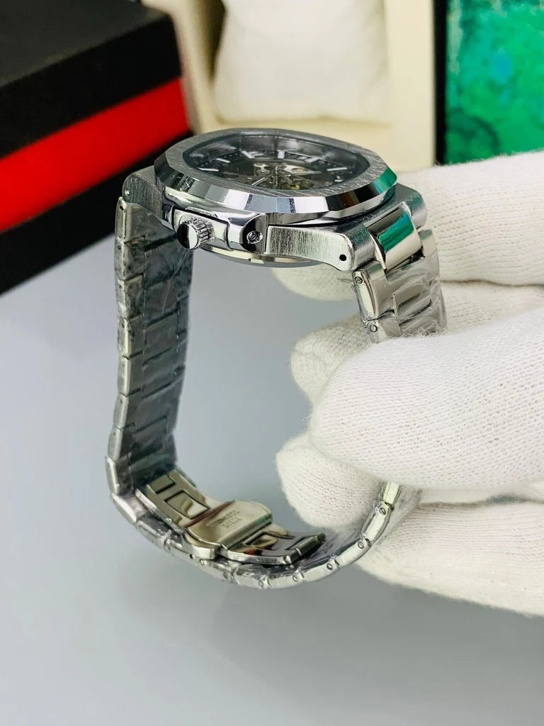 Silver Black Nautilus Style Automatic Watch