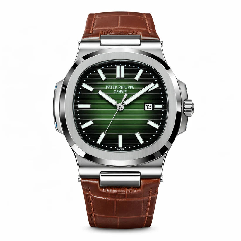 Patek Nautilus Leather Strap Master Lock - Brown-Green
