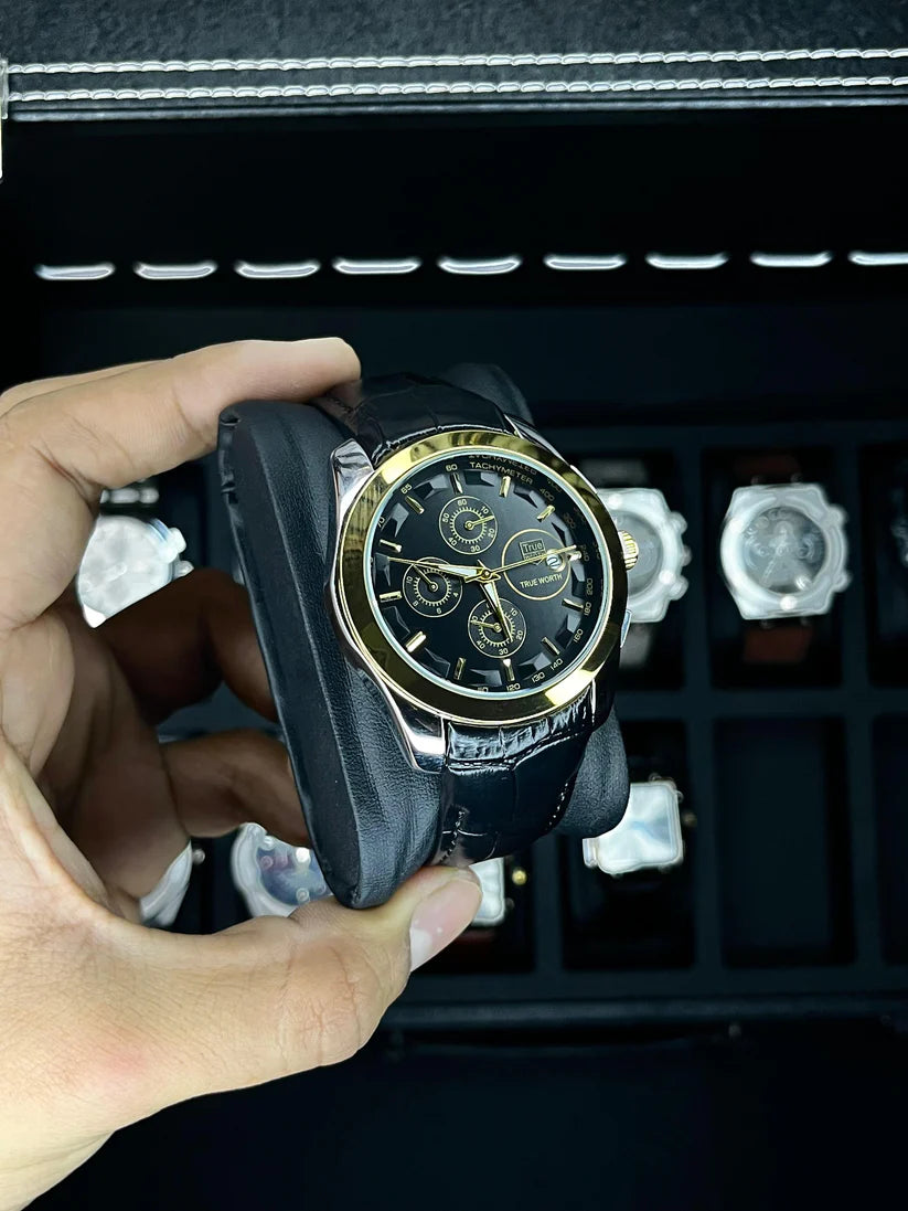 True Worth Original Chronograph Leather Strap Watch - Black