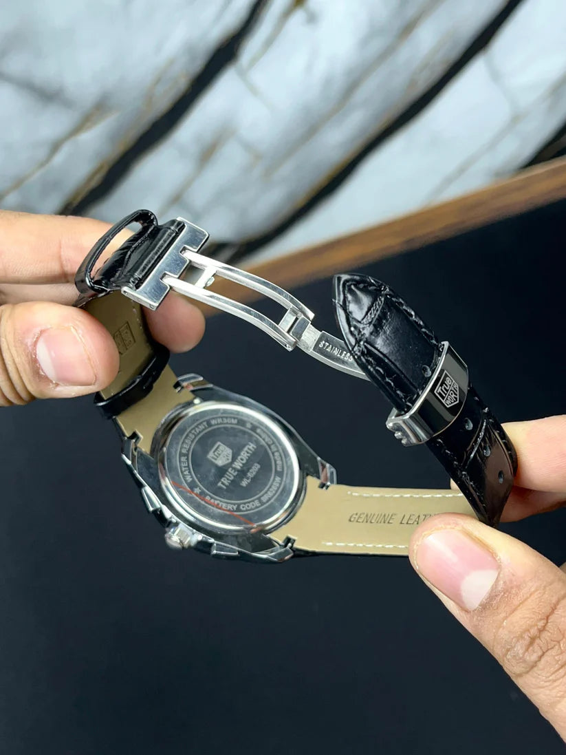 True Worth Original Chronograph Leather Strap Watch - Black