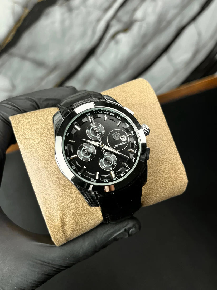 True Worth Original Chronograph Leather Strap Watch - Black-Silver