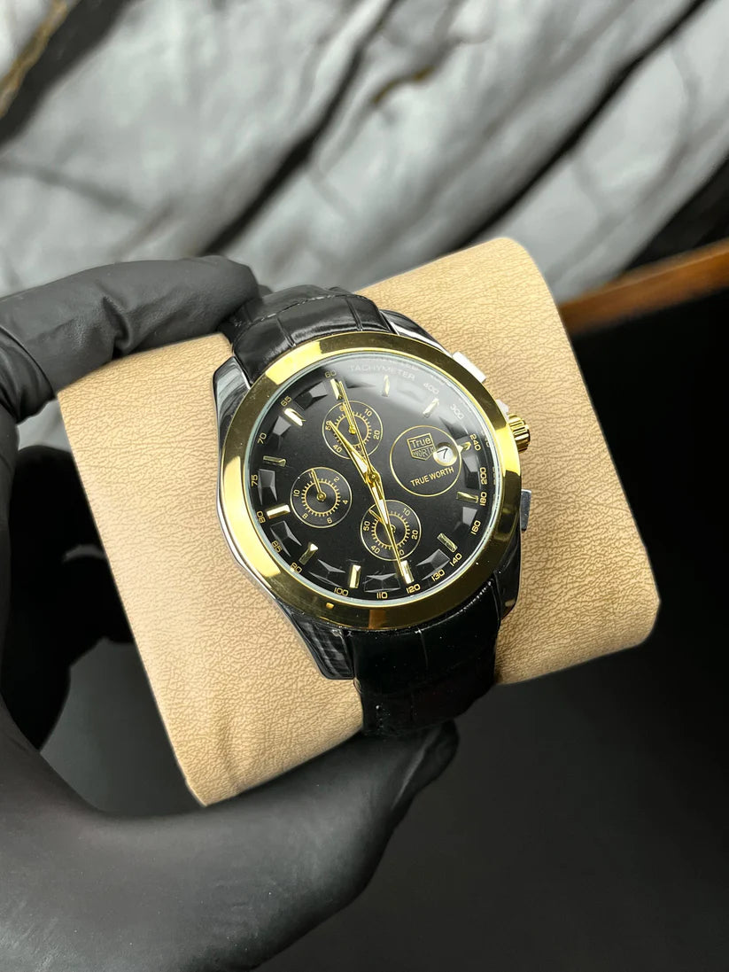 True Worth Original Chronograph Leather Strap Watch - Black
