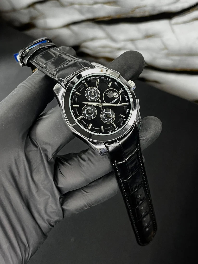True Worth Original Chronograph Leather Strap Watch - Black-Silver