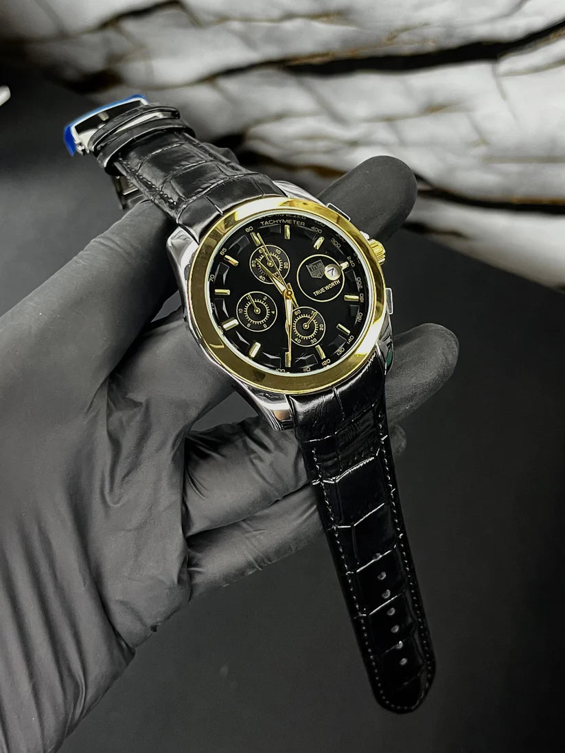 True Worth Original Chronograph Leather Strap Watch - Black